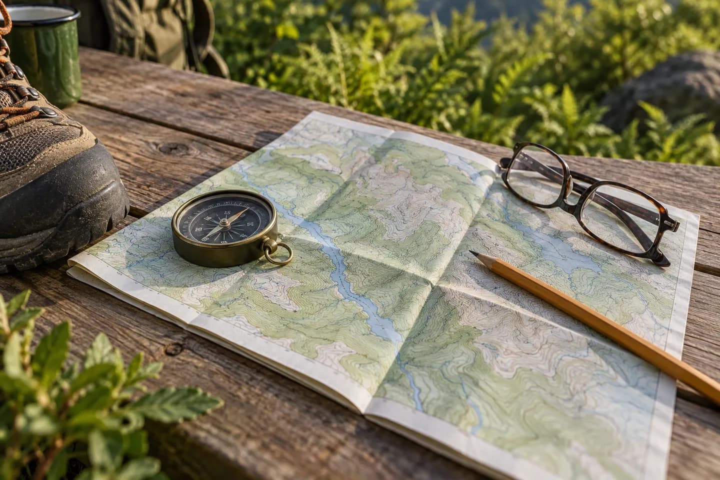 AI-generated illustration of a map, compass and pencil for reviewing a walking route.