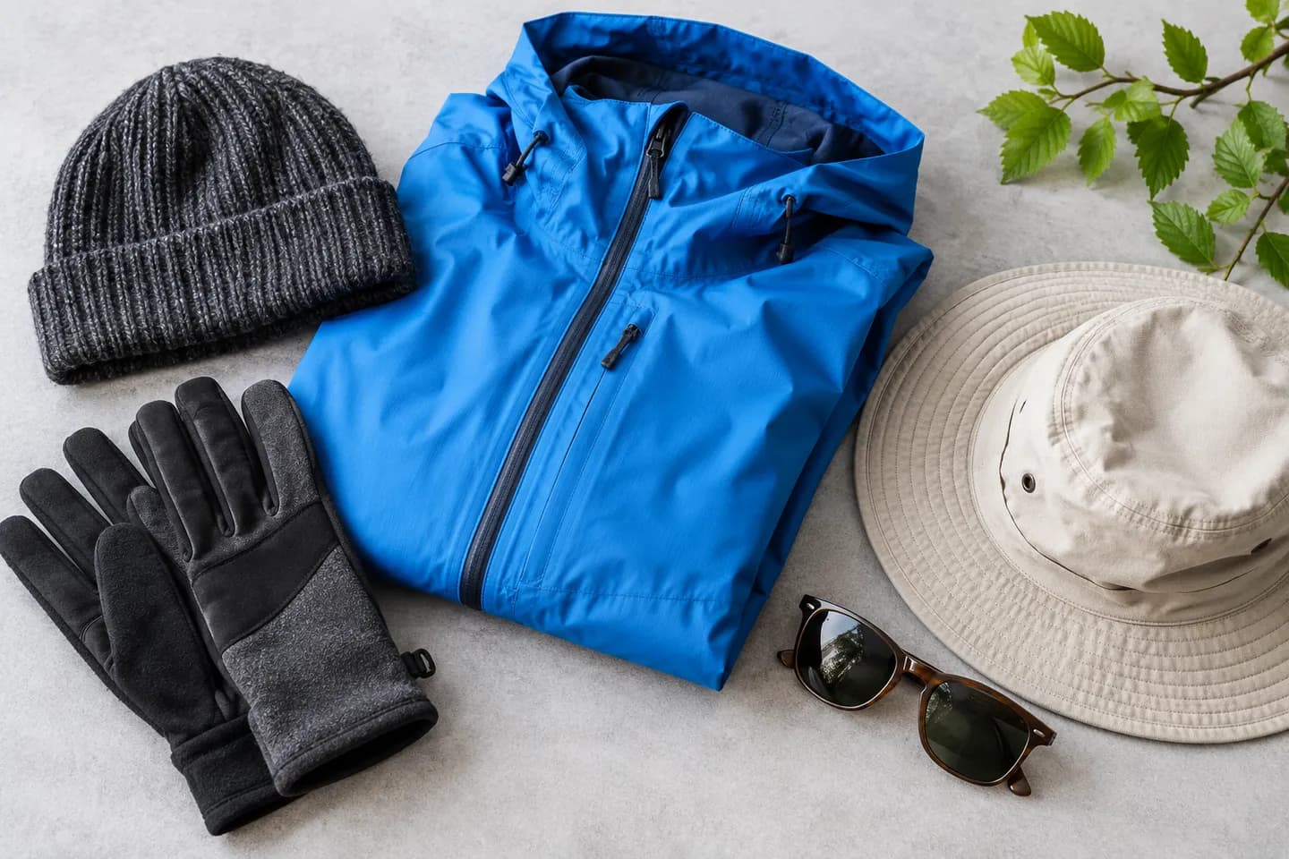 AI-generated illustration of warm layers, a rain jacket, a sun hat and sunglasses.