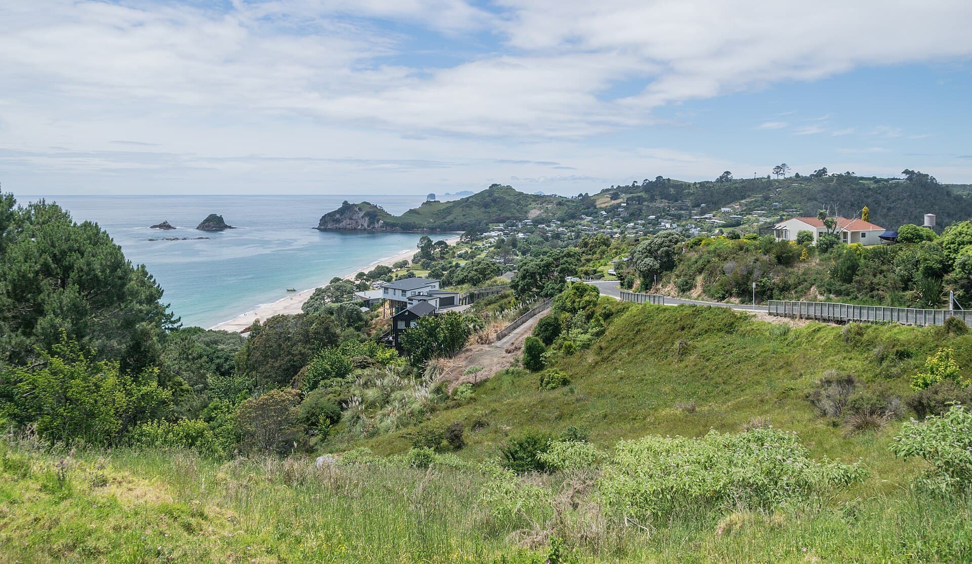 Hahei Beach, offshore rocks and houses among green slopes, seen from above the northern end of the bay.