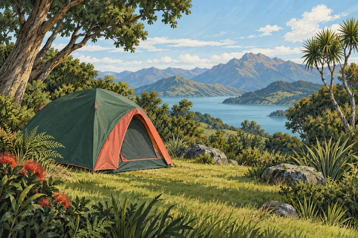 AI-generated cartoon of a green and coral tent with trees and distant hills; not a photograph of this campsite.
