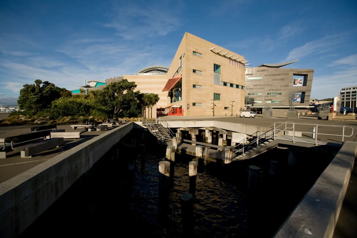 Te Papa museum exterior on the Wellington waterfront, New Zealand, photographed on location