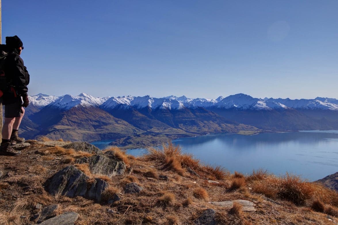 Admiring winter views from Isthmus Peak