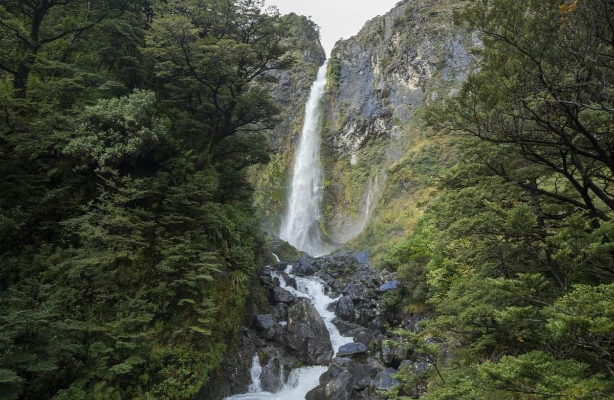 White water cascades down a sheer cliff face into a boulder-strewn forest stream.
