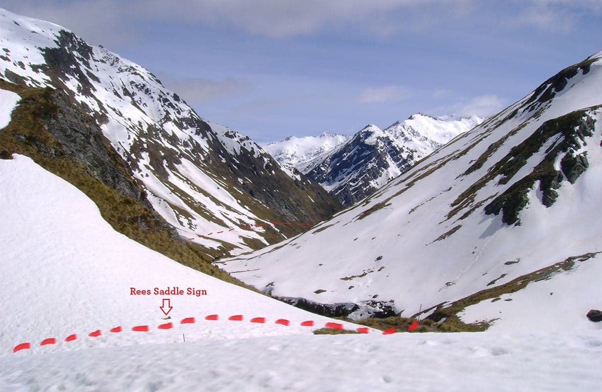 Rees Saddle in spring, with the DOC sign almost fully buried
