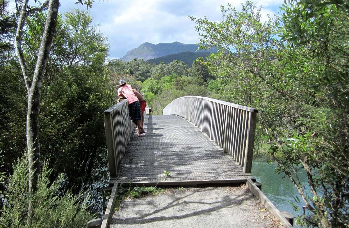 Tarawera Outlet, people on bridge.