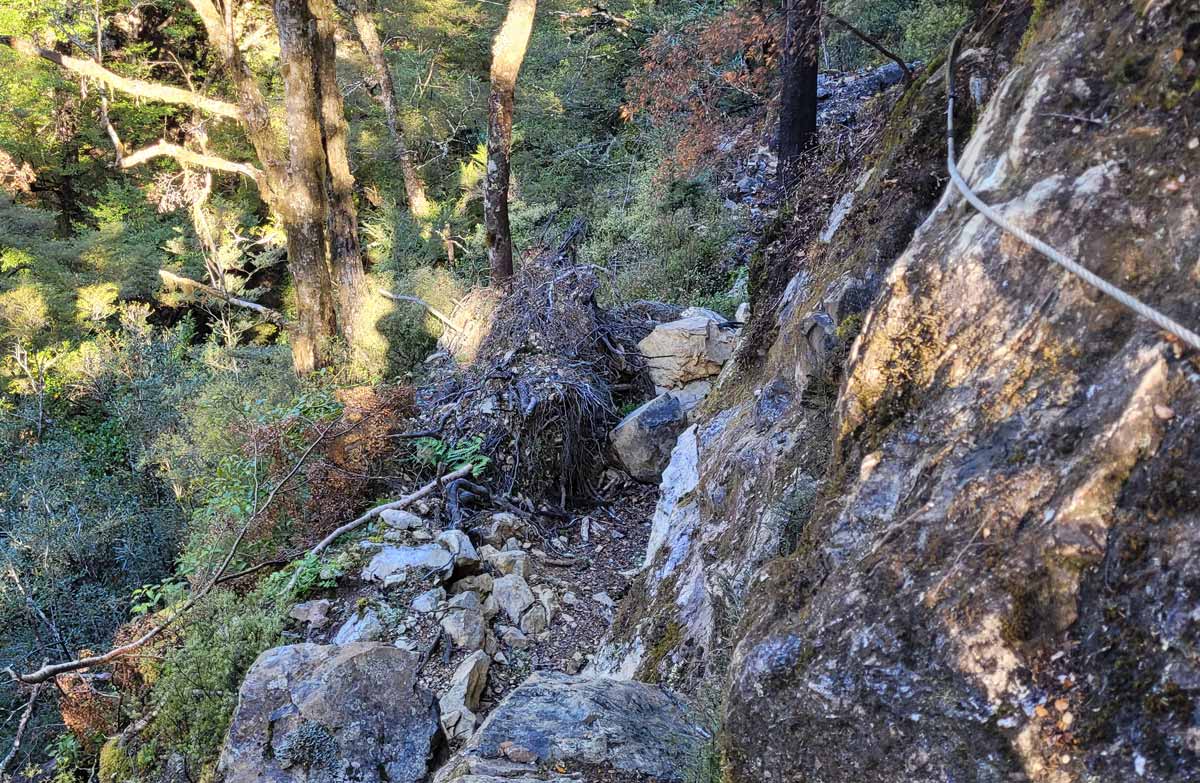 Narrow track showing a wire cable to use for support.