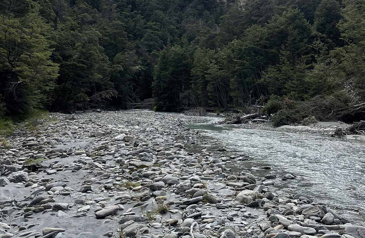 Lower Tīmaru River Track along the riverbed.