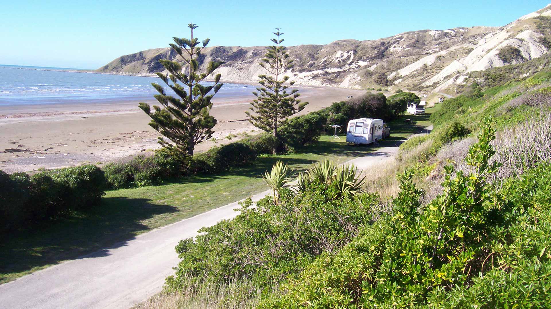 Caravans and campervans on grassy strips beside the beach at Marfells Beach Campsite.