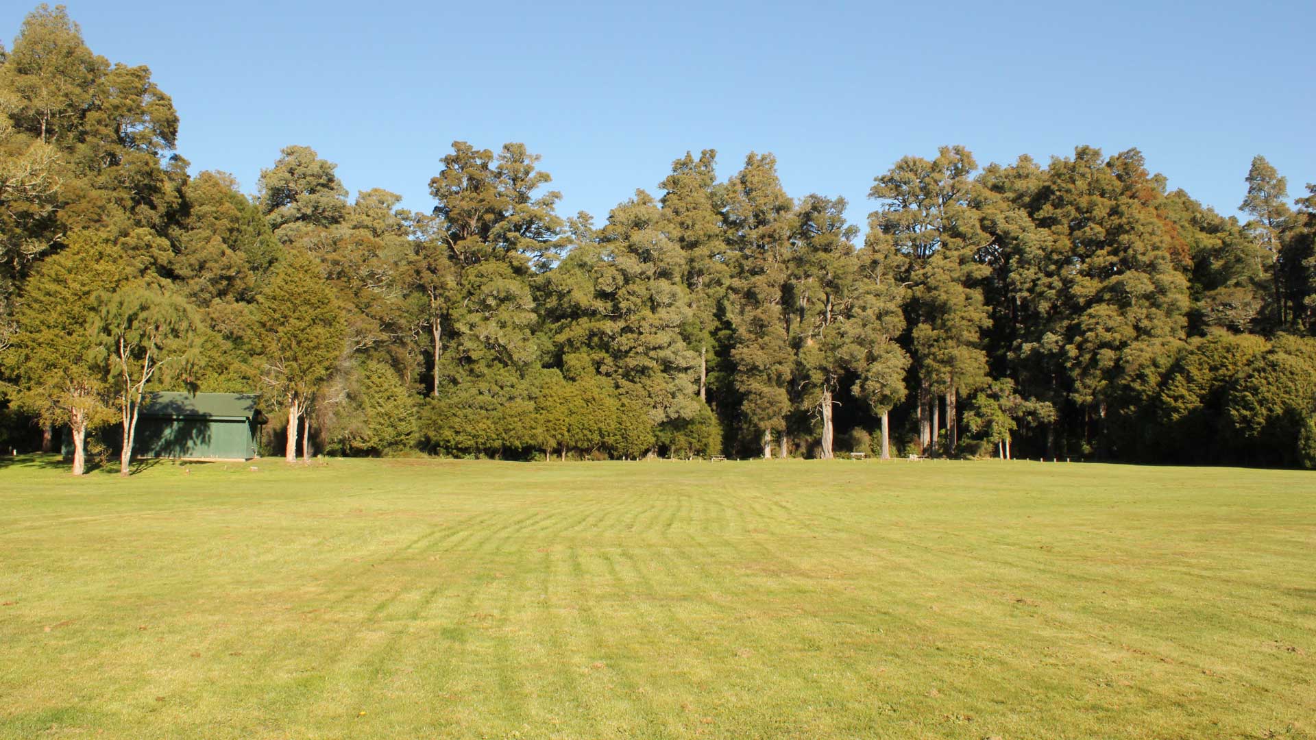 Wide mown grassy clearing with a green building and picnic tables beneath tall trees at Onamalutu.