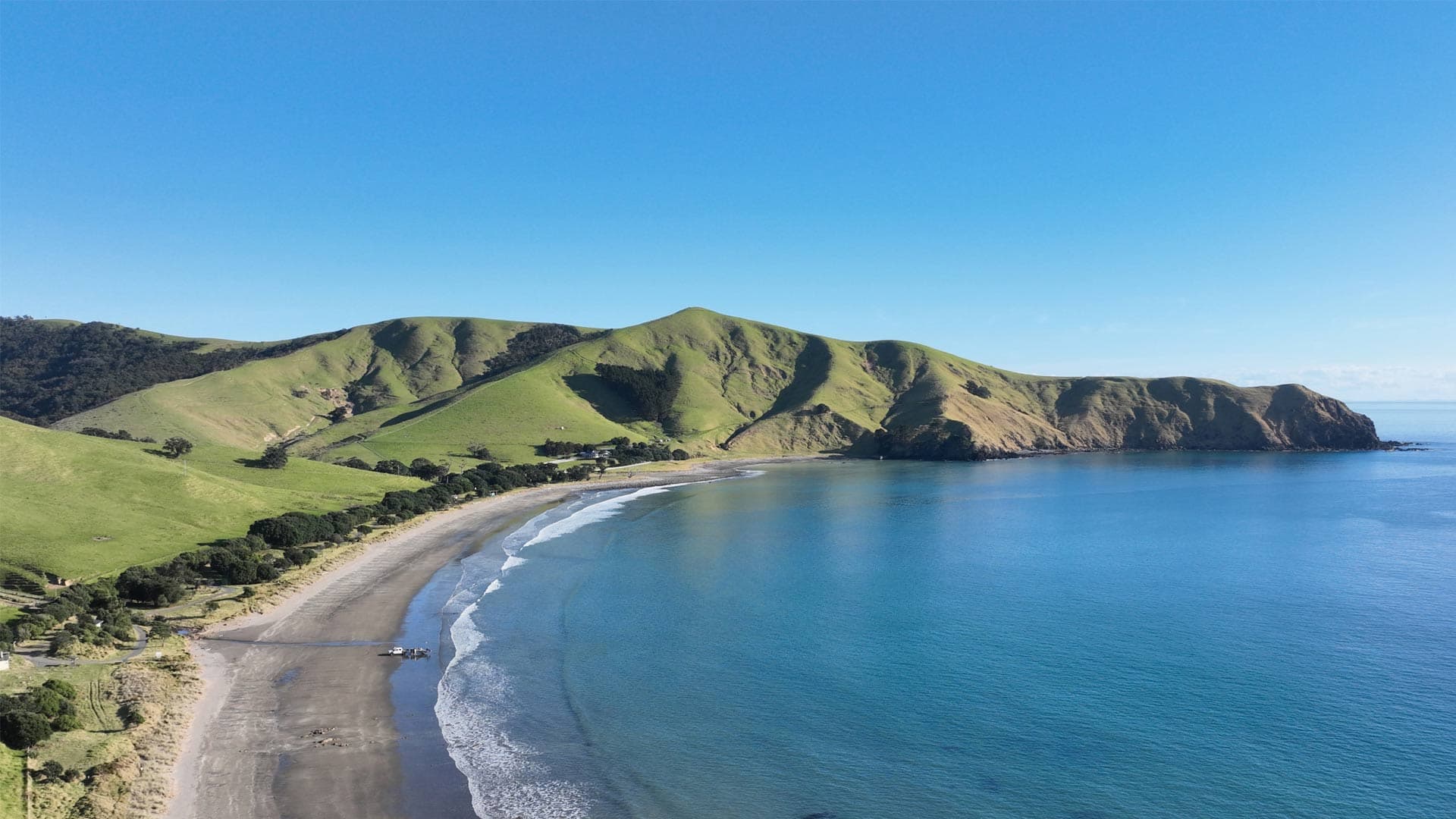 Long beach and blue sea at Port Jackson beneath grassy hills, viewed from above.