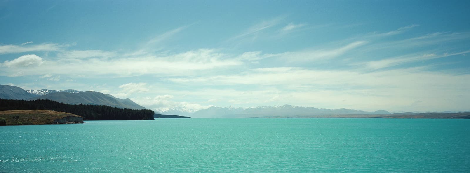 Turquoise Lake Pukaki with a wooded shoreline and distant mountains.