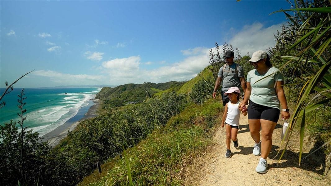 Walkers on Mangawhai Cliffs Walkway above a long beach and breaking surf.