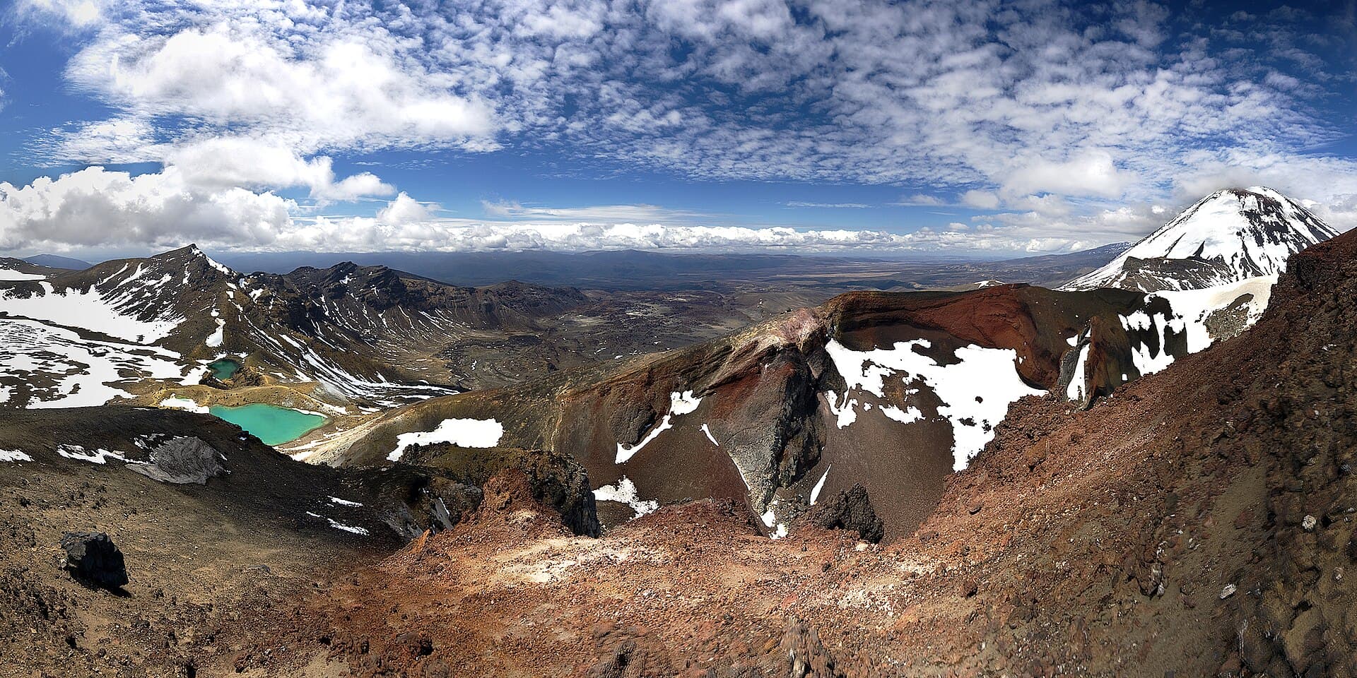 Emerald Lakes below Red Crater, with snow-covered Ngauruhoe beyond the Tongariro Alpine Crossing.