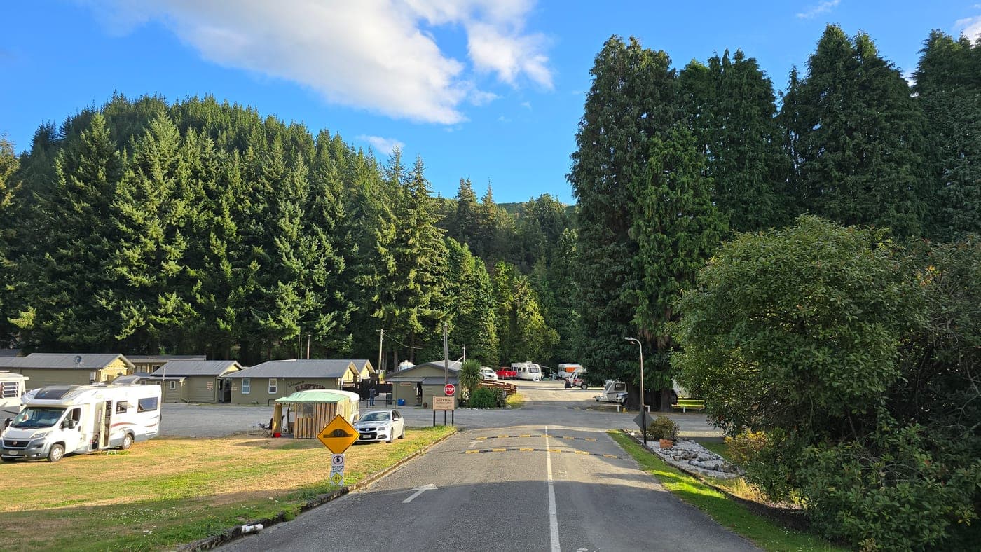 Motorhomes, a caravan and campground buildings beside a paved access road, with tall trees behind them.