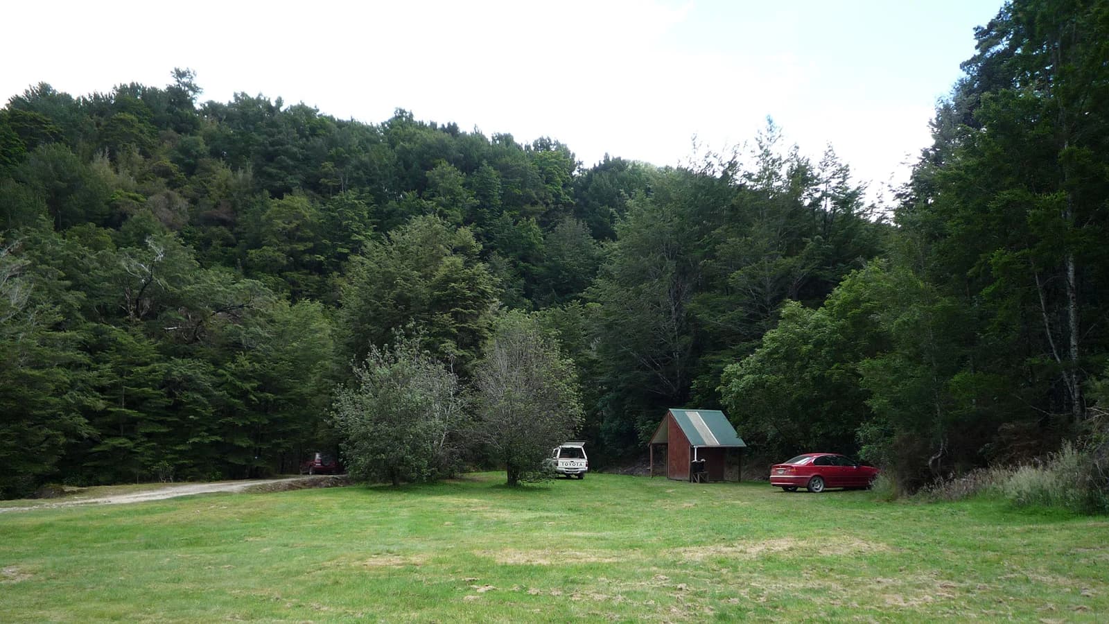 Grassy clearing with parked vehicles and a small shelter surrounded by forest at Butchers Flat Campsite.