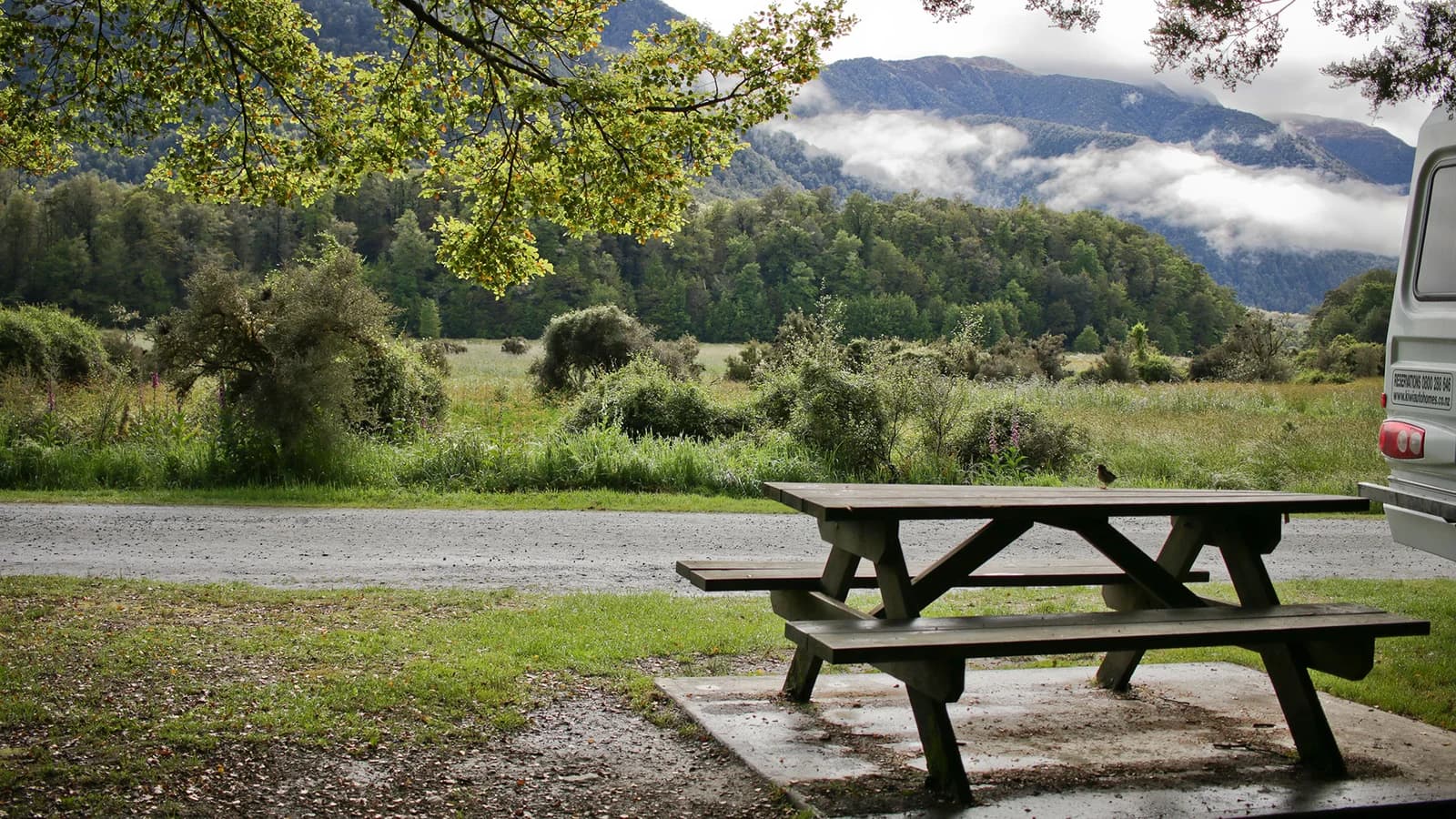 Picnic table beside the rear of a campervan, with grass and forested hills at Marble Hill Campsite.