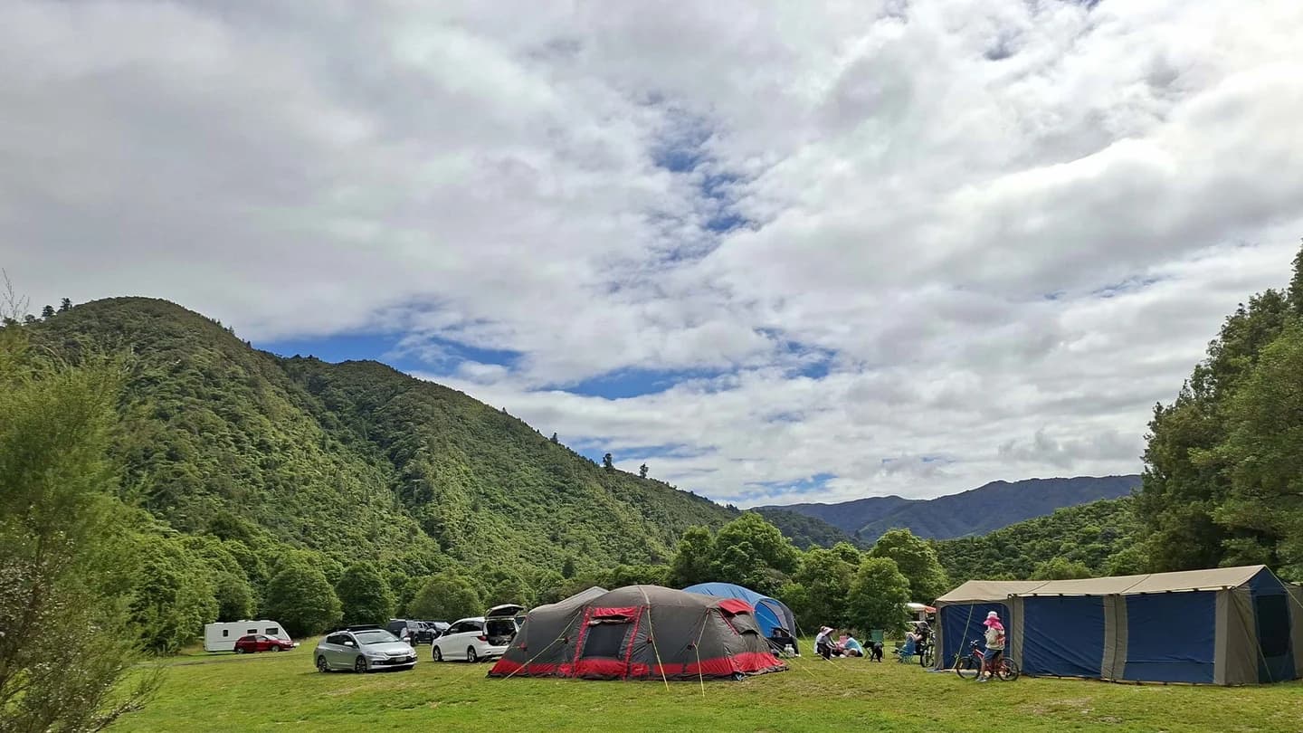 Tents and camping vehicles on the grass at School House Flat, Otaki Forks Campsite.