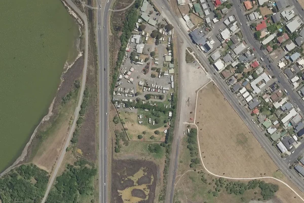 Aerial view of Affordable Westshore Holiday Park and its immediate surroundings, from the 2025-2026 LINZ imagery survey.