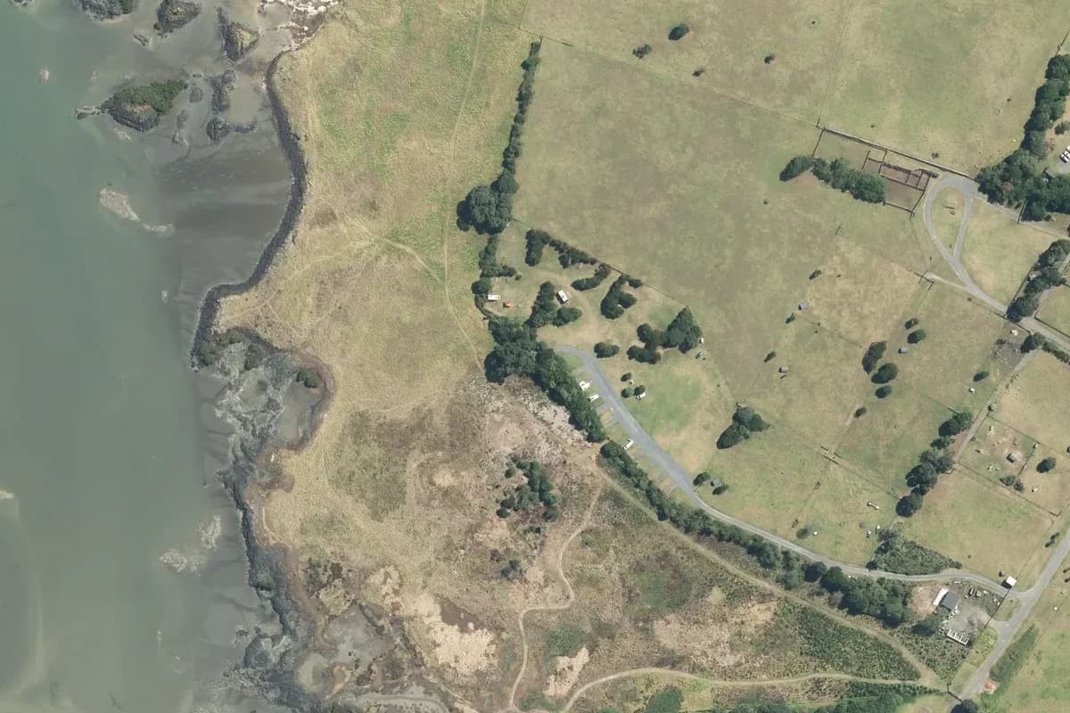 Aerial view of Ambury Campground and its immediate surroundings, from the 2024-2025 LINZ imagery survey.