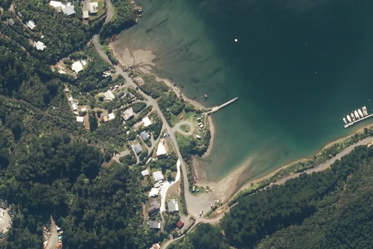 Aerial view of Elaine Bay Campsite and its immediate surroundings, from the 2023-2024 LINZ imagery survey.