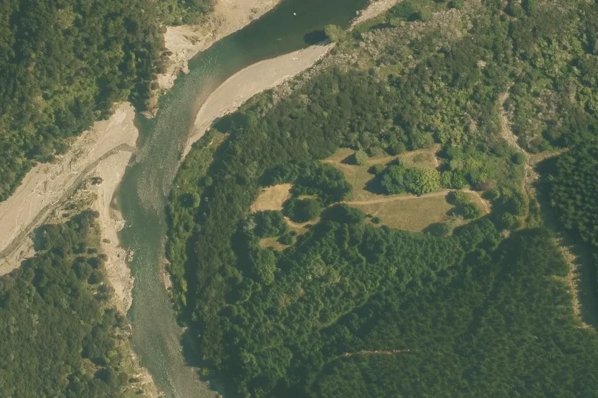 Aerial view of Everetts Campsite and its immediate surroundings, from the 2025-2026 LINZ imagery survey.
