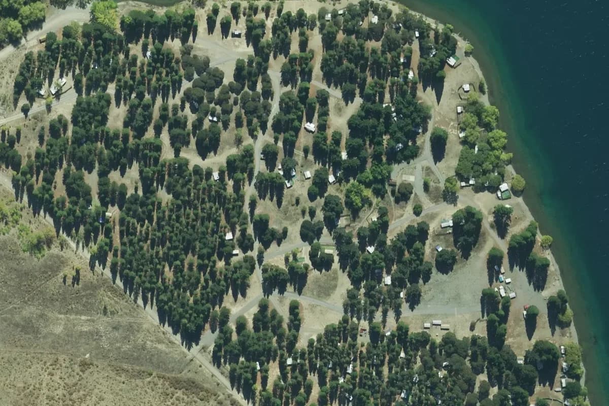 Aerial view of Falstone Creek Camping Ground and its immediate surroundings, from the 2021 LINZ imagery survey.