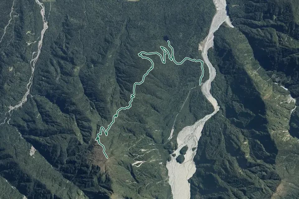 Historical aerial overview of the mapped Alex Knob Track route, with an indicative DOC route overlay.