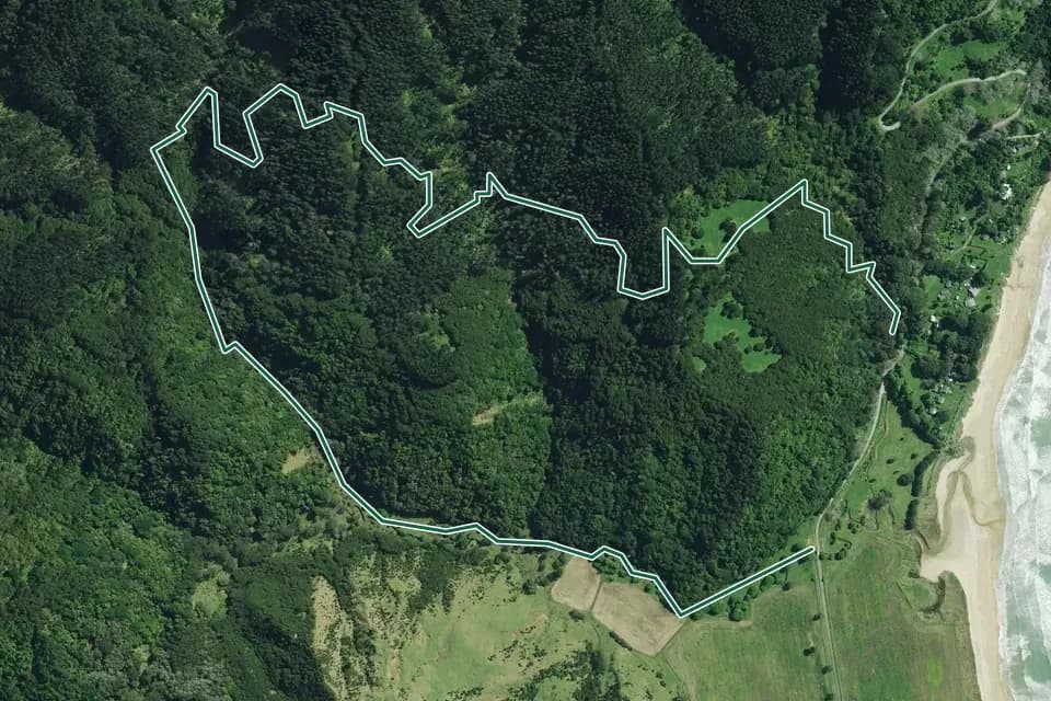 Historical aerial overview of the mapped Anaura Bay Walkway route, with an indicative DOC route overlay.
