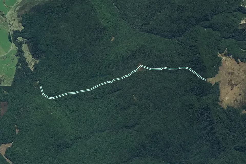 Historical aerial overview of the mapped Boyd Creek Track route, with an indicative DOC route overlay.