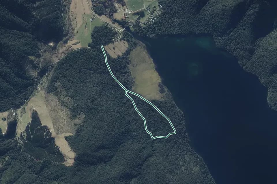 Historical aerial overview of the mapped Braeburn Walk route, with an indicative DOC route overlay.