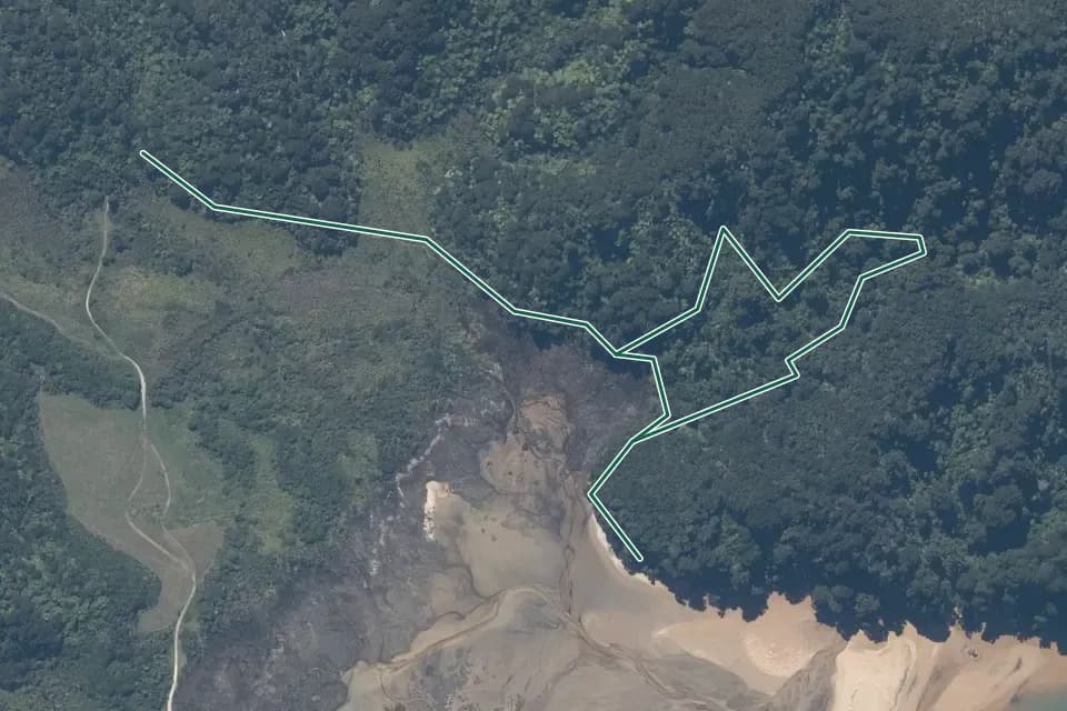 Historical aerial overview of the mapped Pukatea Walk route, with an indicative DOC route overlay.