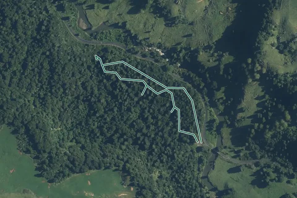 Historical aerial overview of the mapped Mangaotaki Walk route, with an indicative DOC route overlay.