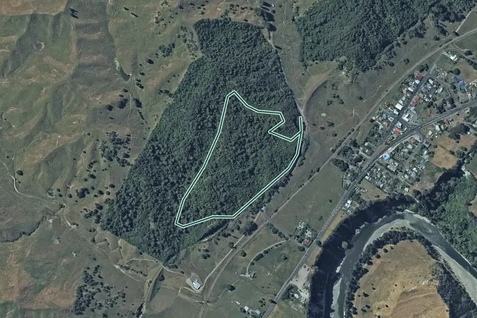 Historical aerial overview of the mapped Mangaweka Scenic Reserve Track route, with an indicative DOC route overlay.