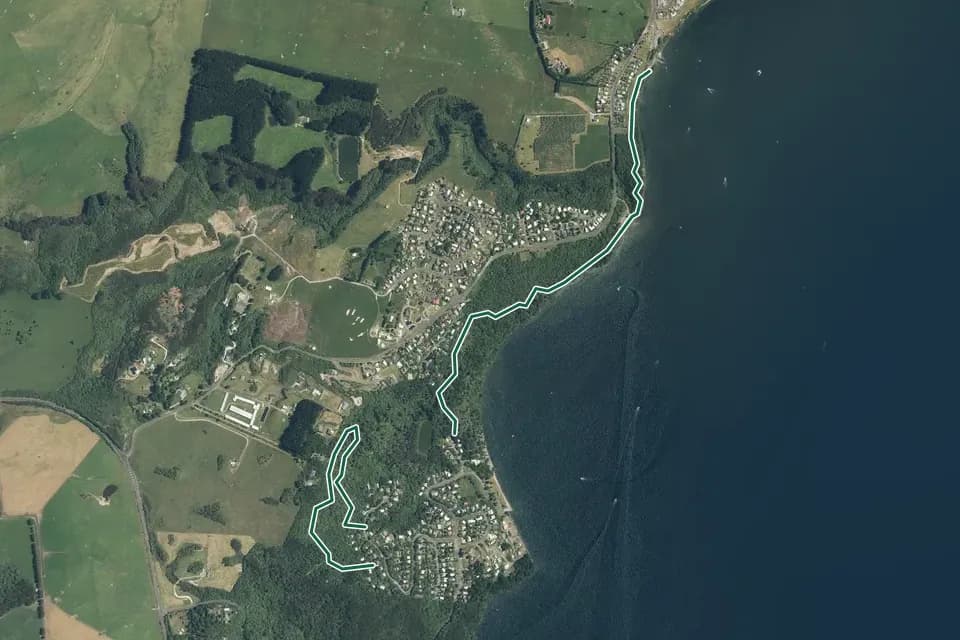 Historical aerial overview of the mapped Pukawa Bay walks route, with an indicative DOC route overlay.