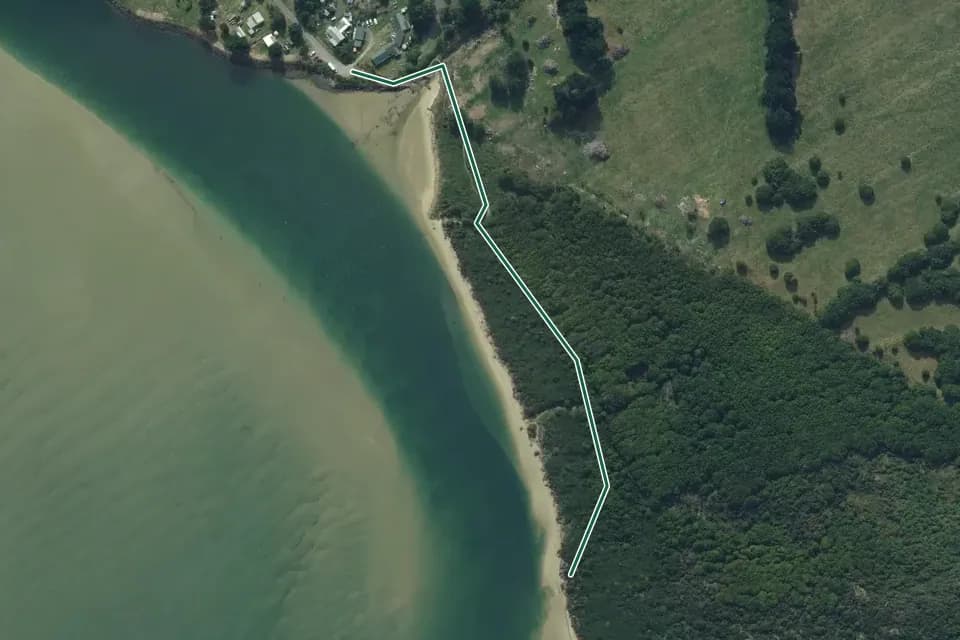 Historical aerial overview of the mapped Surat Bay Beach Walk route, with an indicative DOC route overlay.