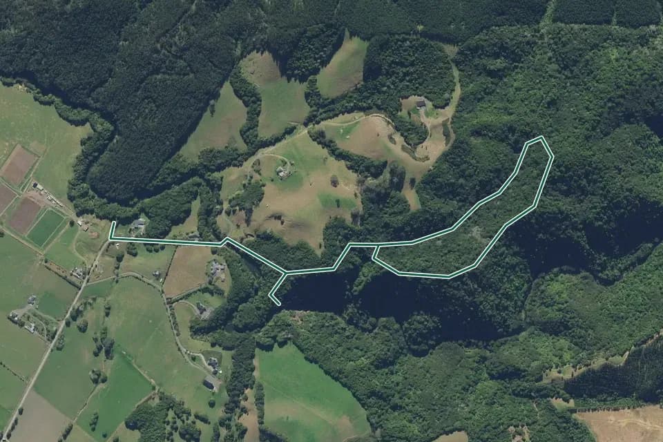 Historical aerial overview of the mapped Taheke Waterfall Track route, with an indicative DOC route overlay.