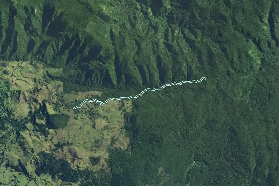 Historical aerial overview of the mapped Taita Bridle Track route, with an indicative DOC route overlay.
