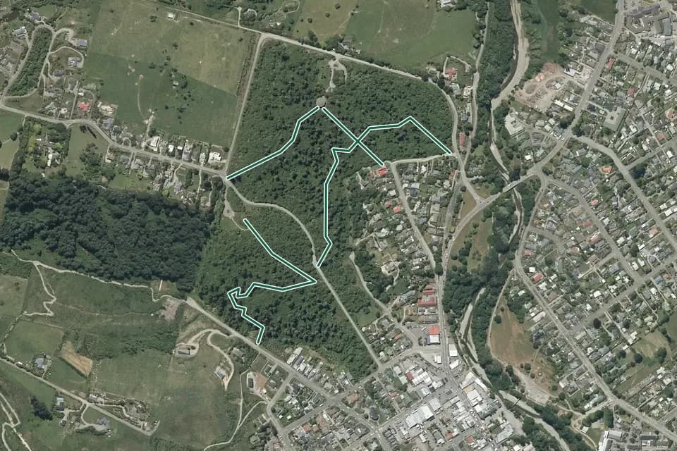 Historical aerial overview of the mapped Talbot Forest Scenic Reserve tracks route, with an indicative DOC route overlay.