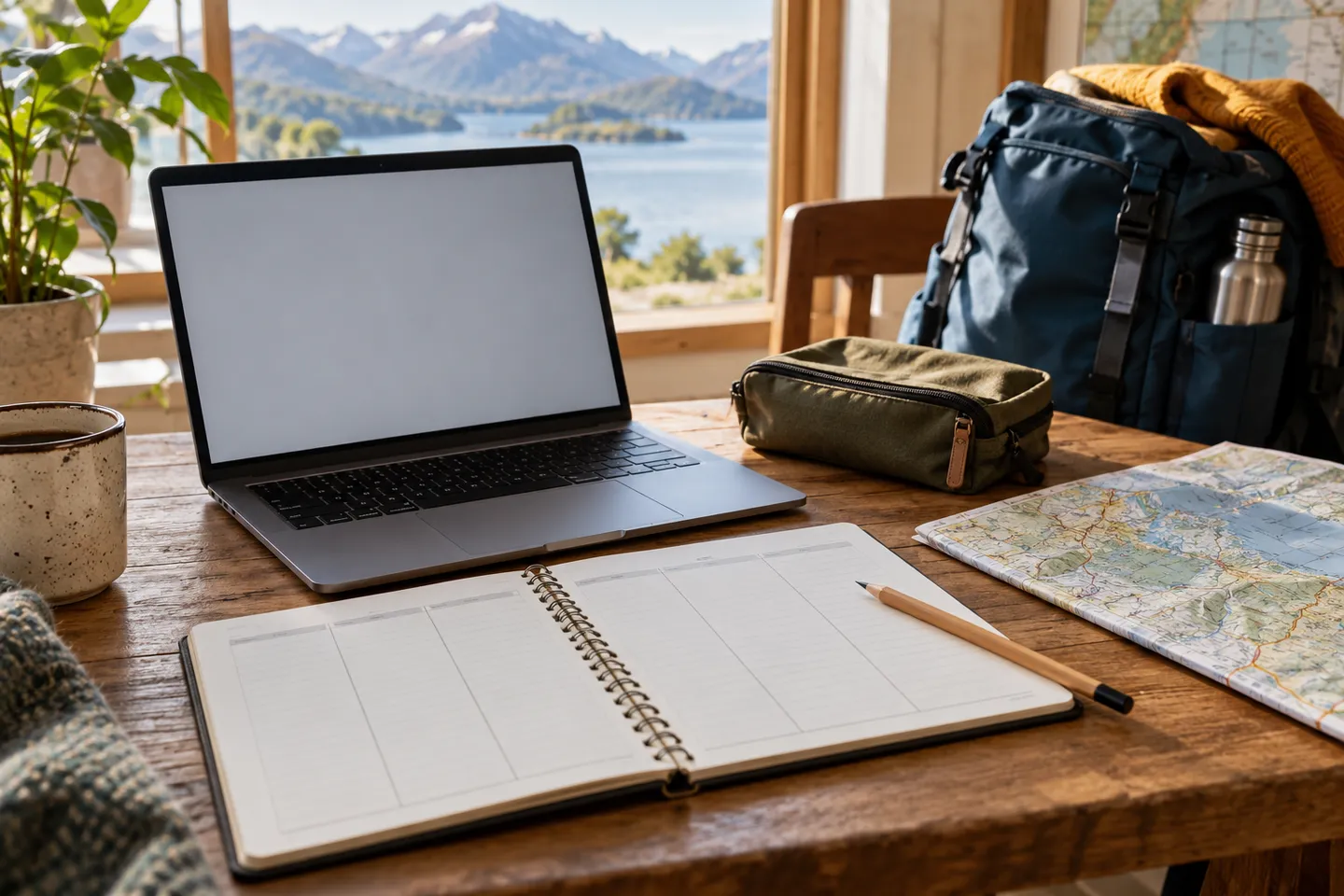 AI-generated illustration of a laptop, planner and travel bag for arranging overnight bookings.