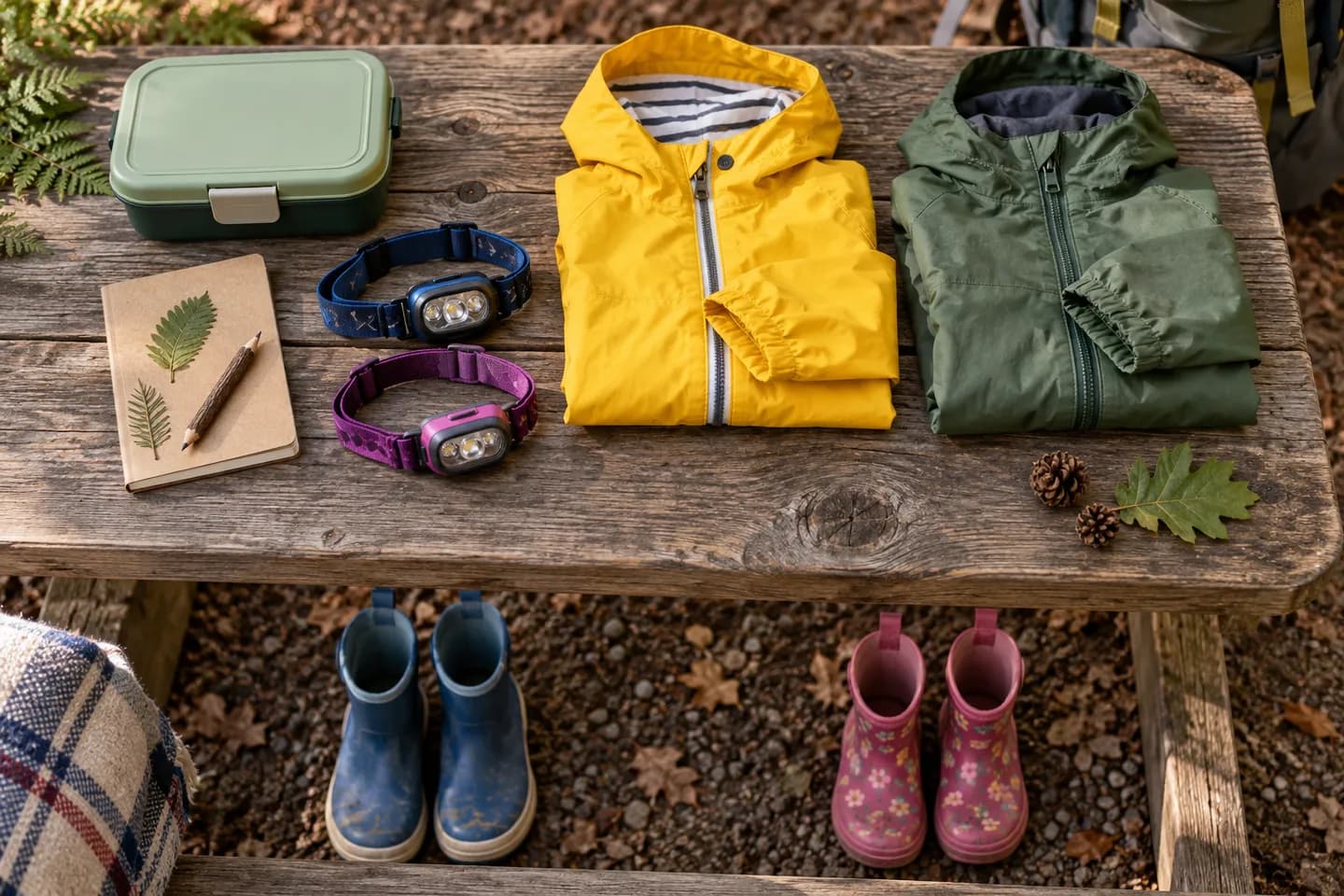 AI-generated illustration of small gumboots, rain jackets, lunch supplies and headlamps for family camping.
