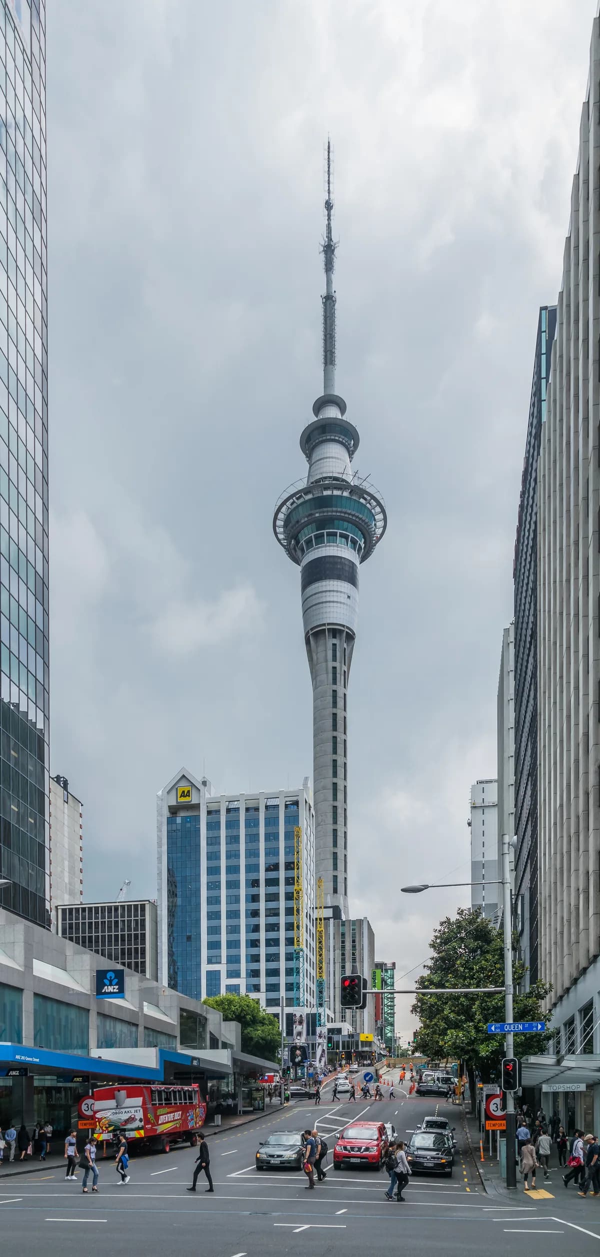 Sky Tower exterior and Victoria Street, Auckland, New Zealand, photographed on location
