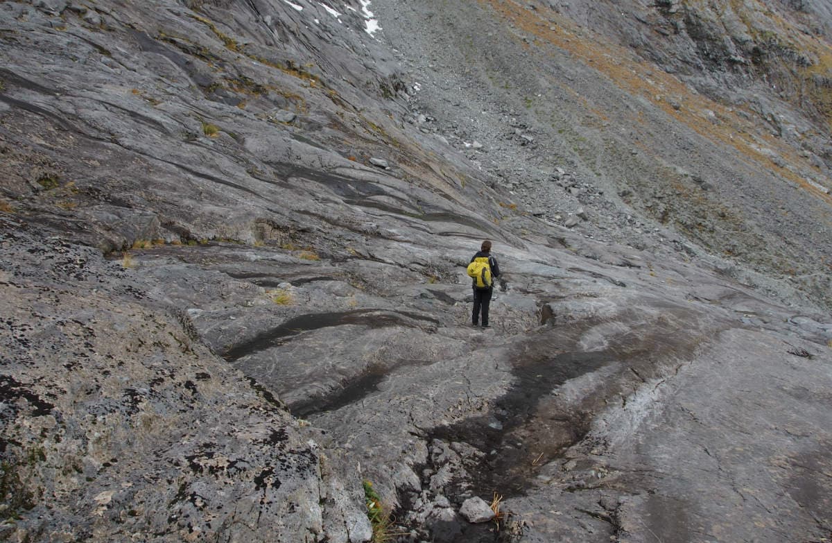 Steep slab rock on Gertrude Saddle Route.