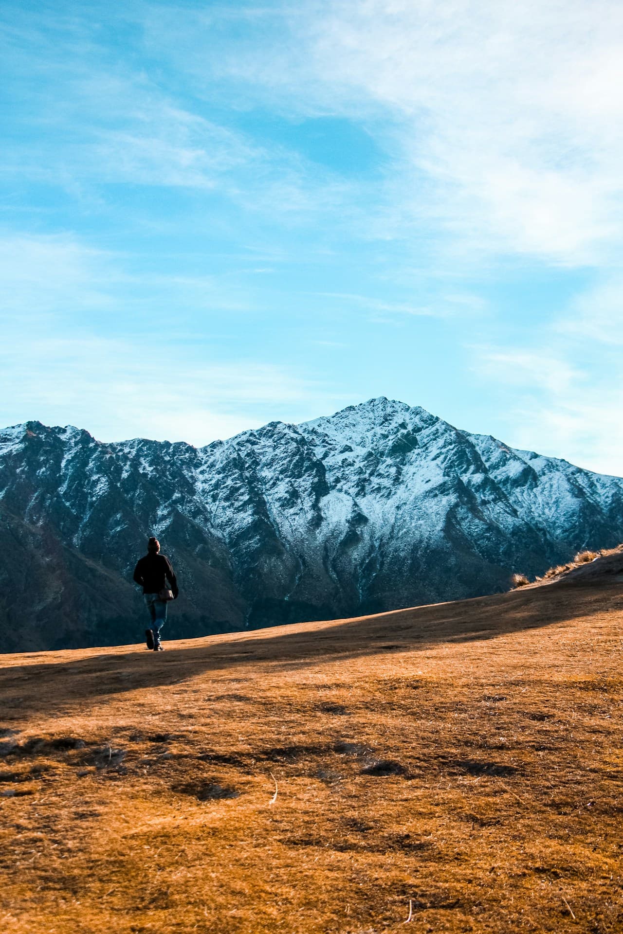A walker on a grassy slope on Queenstown Hill facing snow-covered Ben Lomond.