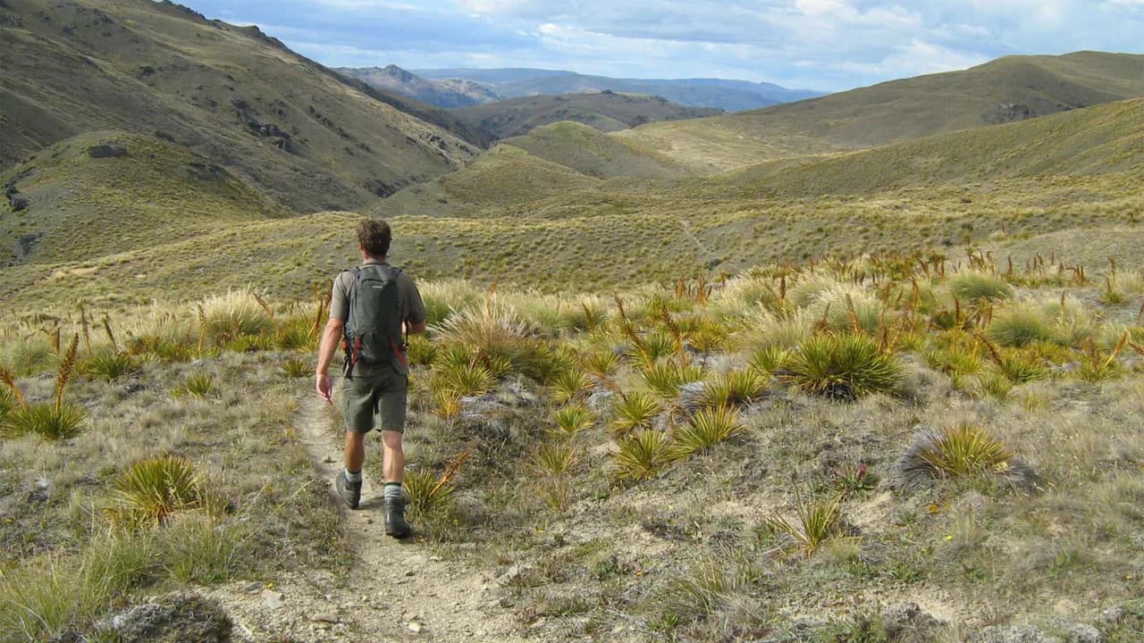 View walking south from Tuohys Saddle into the Roaring Meg: Walker descending south from Tuohys Saddle.