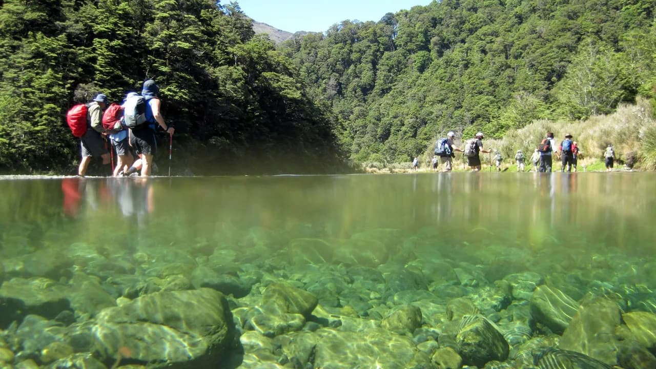 Walking through the Waipakihi River: Walkers crossing Waipakihi River.
