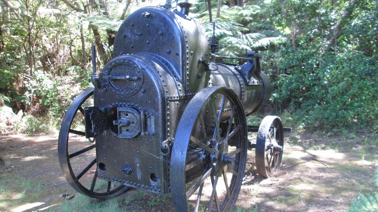 Historic steam traction engine on Old Mill Track: Historic steam traction engine on Old Mill Track.